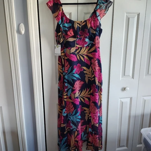Kenzie Tropical Floral Faux Wrap Dress Sz 14 - Picture 7 of 9